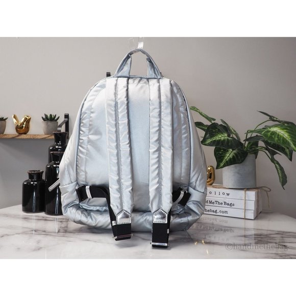 NWT Michael Kors Rae Medium Backpack Silver Quilted Nylon Fabric Shoulder Bag - Picture 2 of 9